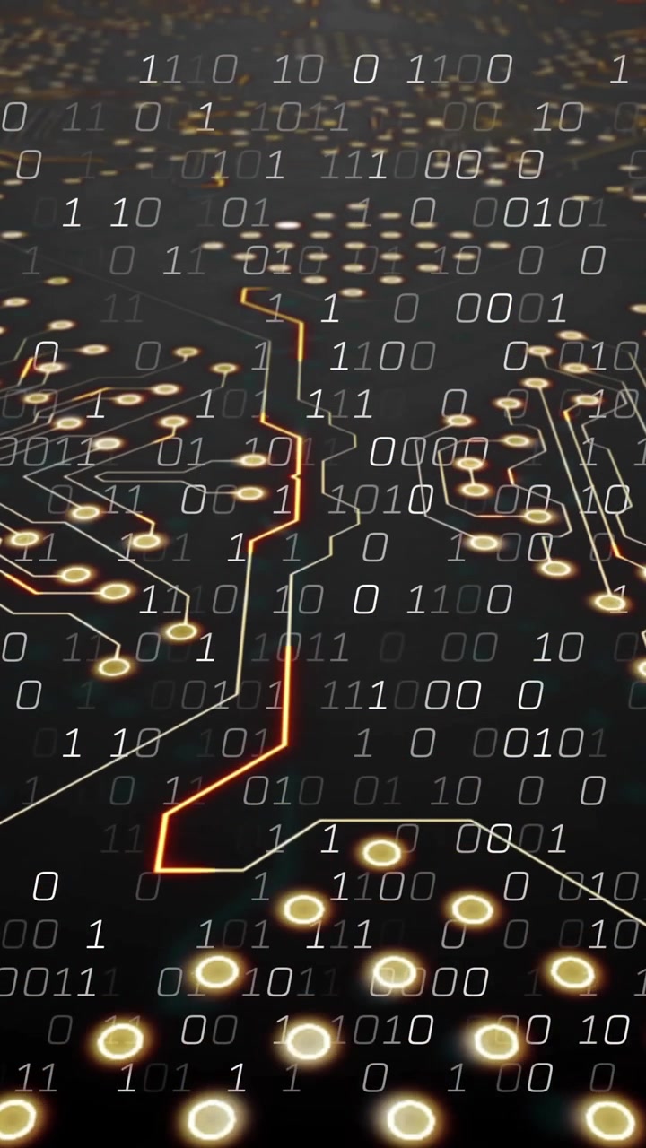 Binary code and circuit board animation over dark background with glowing nodes
