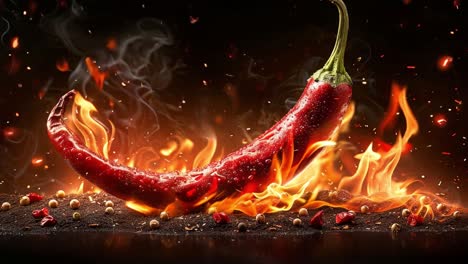 fiery red chili pepper with flames and smoke