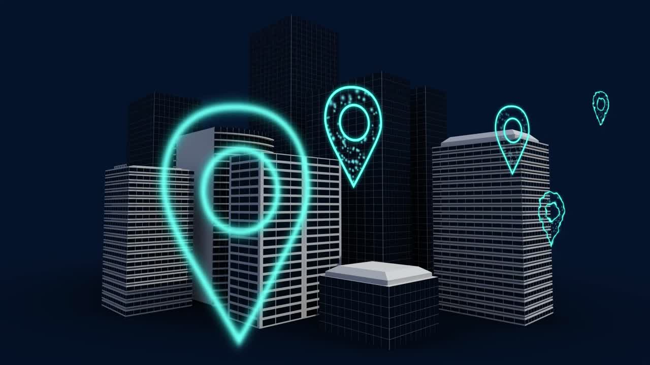animación de iconos de ubicación digital que vuelan sobre el paisaje urbano