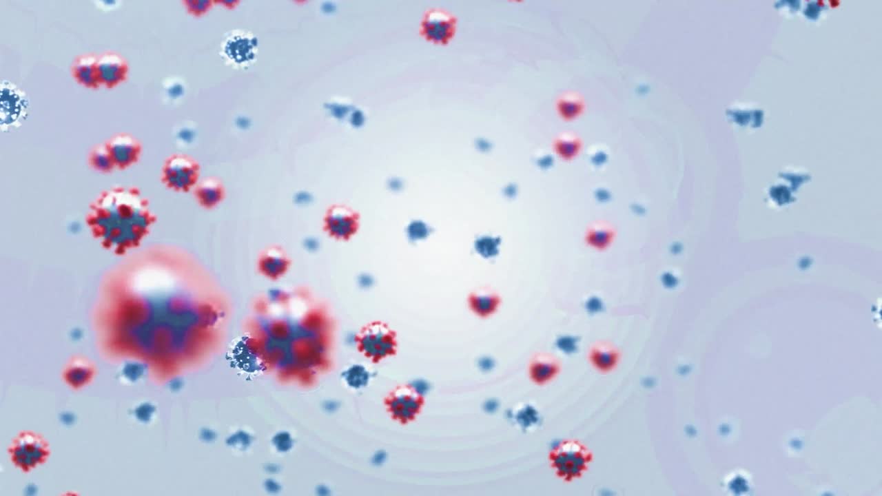 animación de células de virus flotando sobre un fondo violeta claro