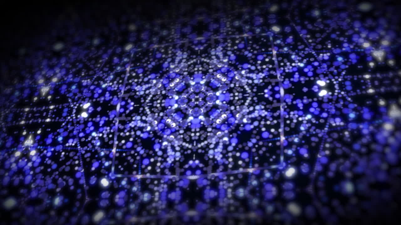 Abstract chaotic movement of blue small particles. Symmetrical mosaic. A mirrored kaleidoscope. Looped animation.
