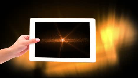 Digital-animation-of-woman-holding-digital-tablet-showing-illuminated-lights-4k