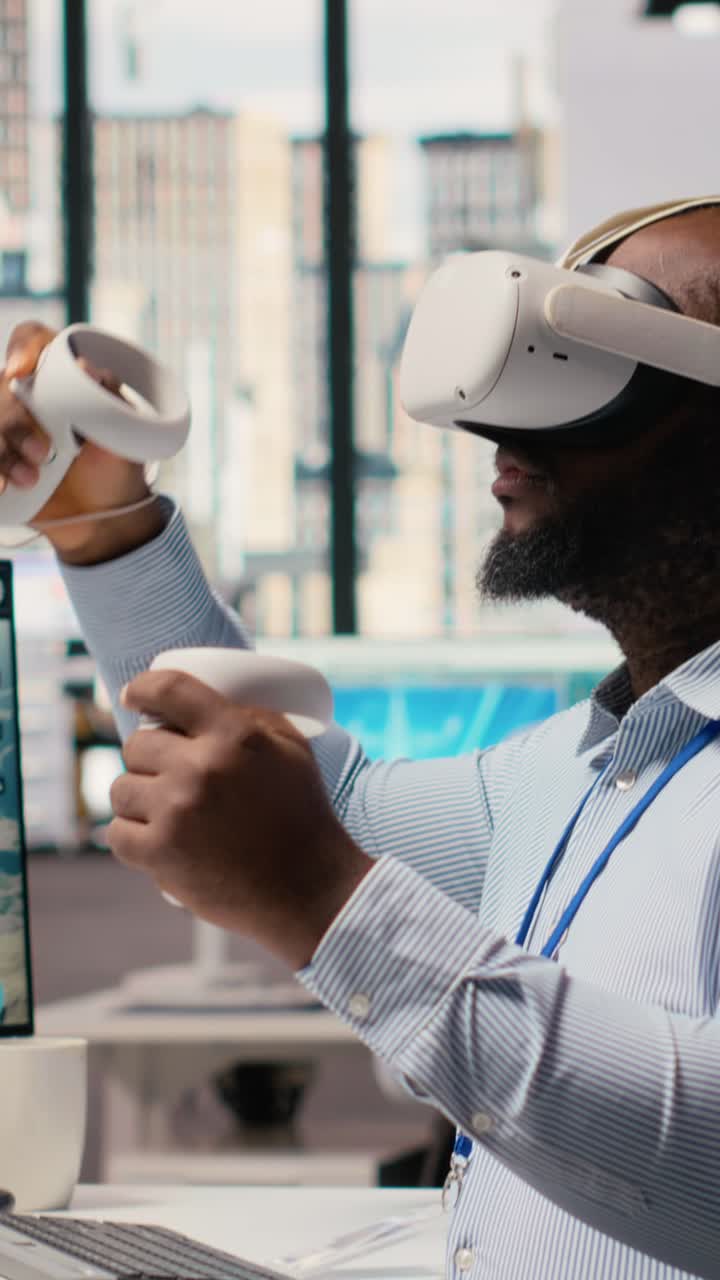 Worker uses VR headset to optimize electrical grid and wind farm layout