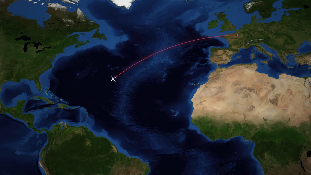 Satellite world map animation follows a plane icon traveling from Paris to Bogota across Atlantic