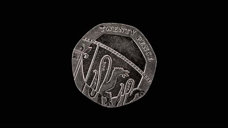 united kingdom 20 pence 2013 reverse with royal shield segment, macro loop on black background
