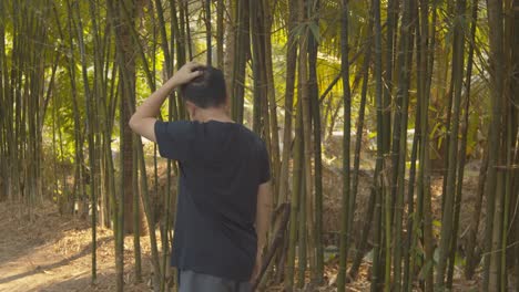 Caminando-Por-Un-Bosque-De-Bambú-En-Un-Jardín,-Un-Hombre-No-Puede-Dejar-De-Rascarse-El-Cuero-Cabelludo-Con-Picazón-Y-Caspa-En-La-Cabeza-Calva