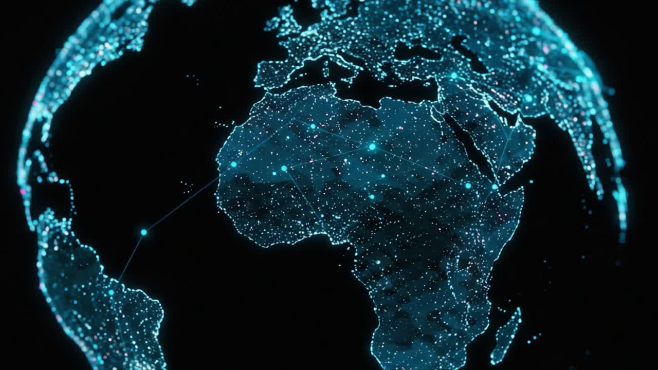 A Stunning Visualization of a Digital Earth, Highlighting Connectivity and Data Flow Across Africa with a Network of Glowing Nodes and Lines Against a Dark Background