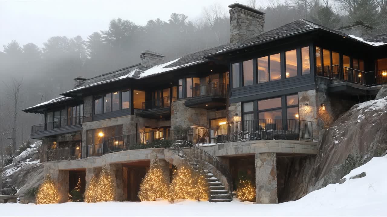 Elegante residenza moderna presentata in un paesaggio invernale incantato, con architettura straordinaria, atmosfera accogliente e calde illuminazioni festive