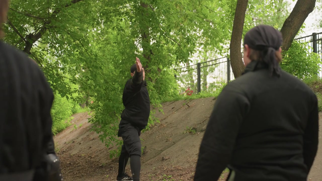 Close up of man demonstrating martial arts techniques to attentive group in outdoor park setting. demonstrator performs controlled movements while observers watch closely surrounded by green