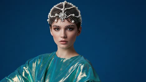 a stunning model poses with a striking expression, wearing an intricate headpiece adorned with pearls against a vivid blue background, showcasing a blend of modern and classic fashion elements