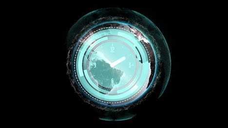 animación de un reloj en movimiento sobre el globo sobre fondo negro