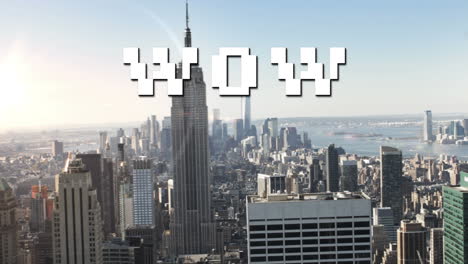Animation of wow text in white digital letters over cityscape background