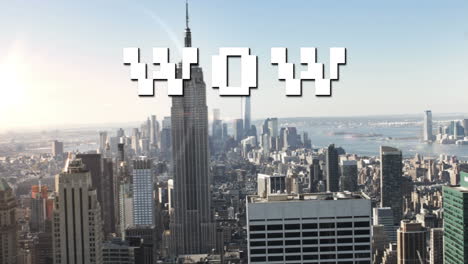 animation of wow text in white digital letters over cityscape background