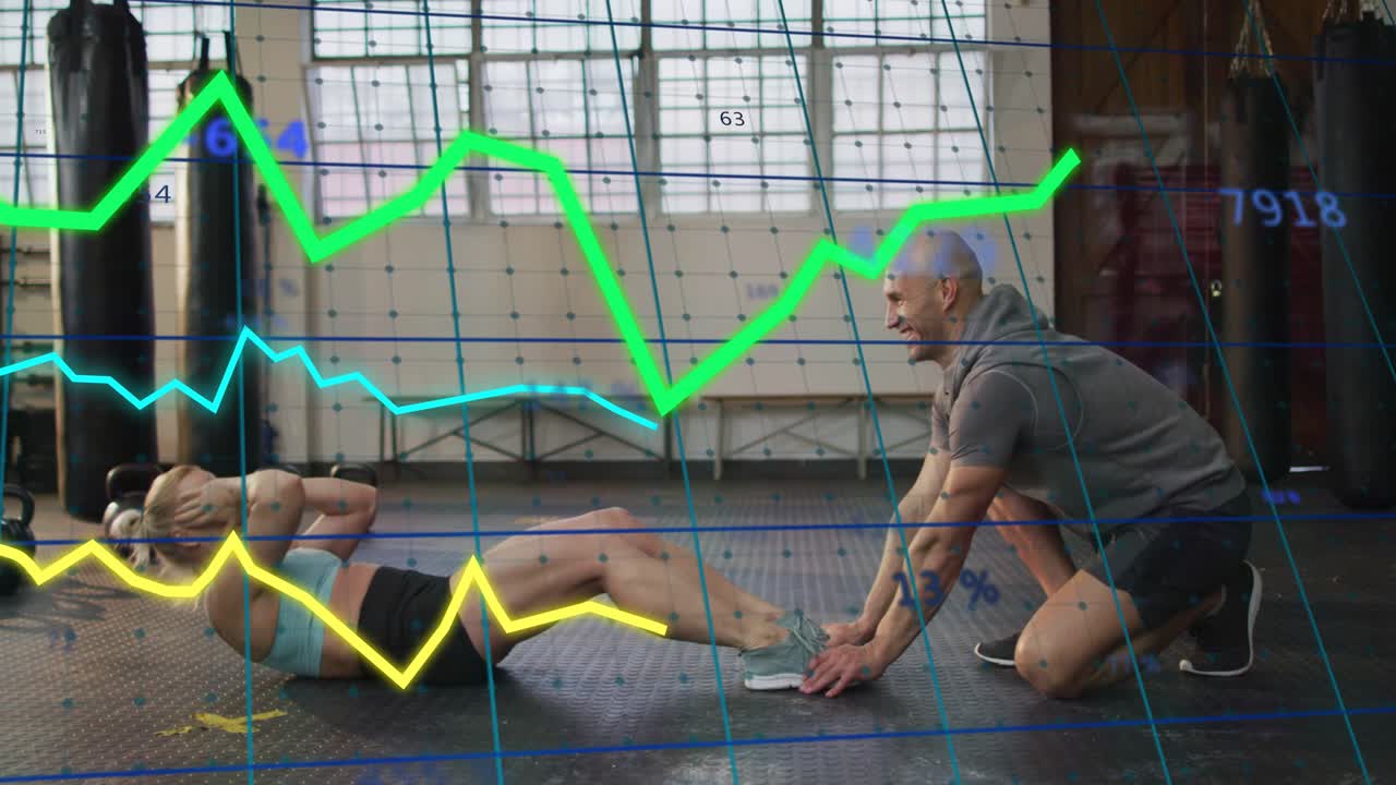 Woman doing sit-ups, male trainer placing pad under feet, HUD syncing with reps for fitness