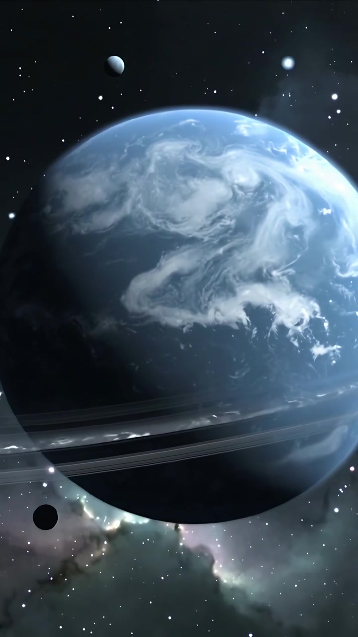 Vertical video: Panning camera revealing ringed blue planet turning in space, moon crossing rings