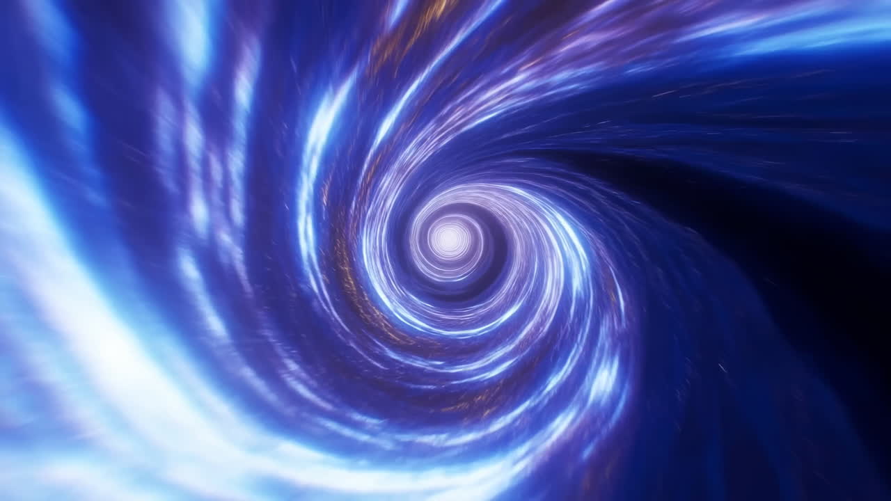 Vortex galactique bleu se tordant vers un noyau lumineux, traînées d'étoiles, tunnel cosmique, ambiance de voyage en hyperespace.