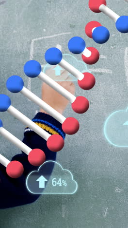 animación de cadena de adn y nubes con procesamiento de datos sobre un escolar caucásico