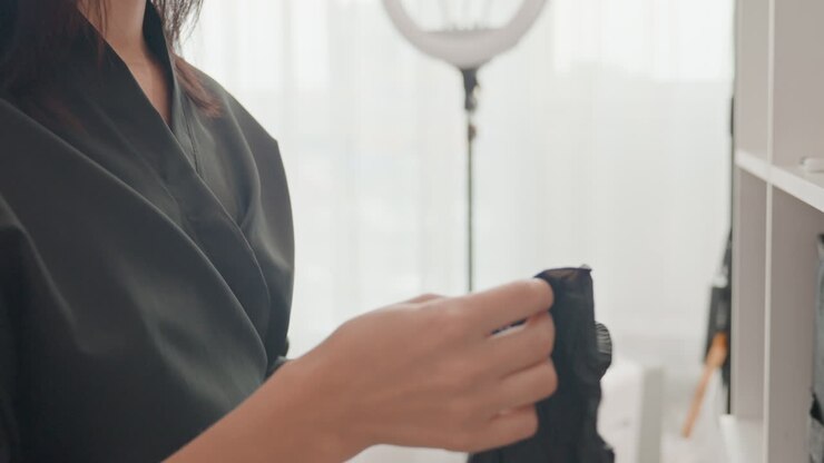 woman putting on black gloves in bright studio preparing for cosmetic treatment with ring light, shelves, robe and tidy equipment close focus on hands, calm professional routine, sterile hygiene