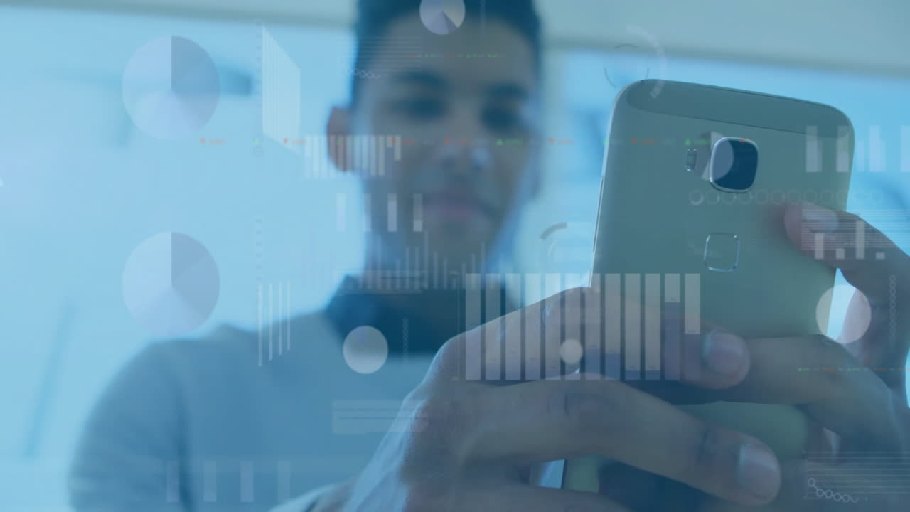 Using smartphone, man with digital data processing animation overlay in background