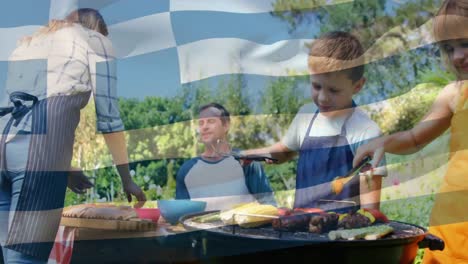 Animation-of-flag-of-greece-over-caucasian-family-having-party-outdoors