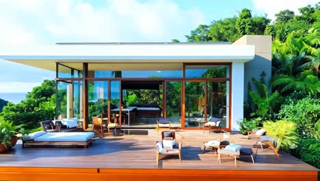 a modern house with a view of the ocean and trees