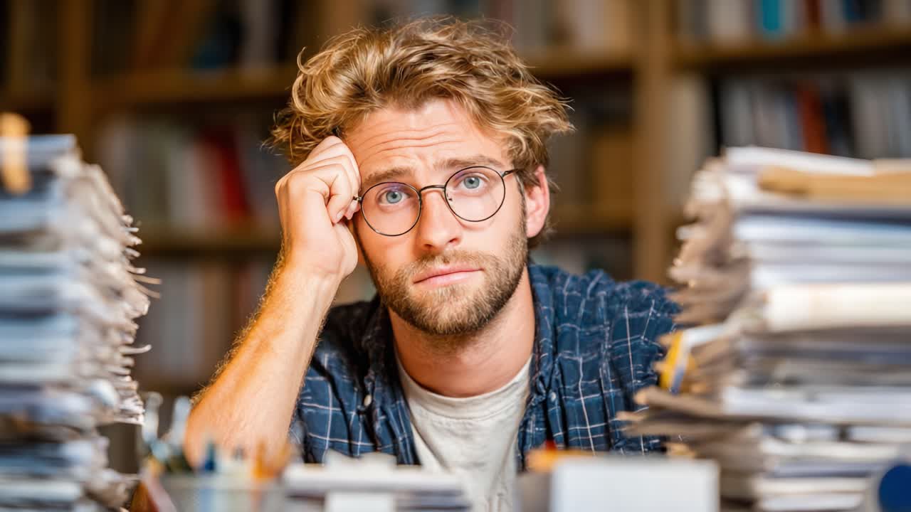 A Pensive Young Man Surrounded by Stacks of Paperwork in a Quiet Workspace Reflects on His Responsibilities and the Weight of Endless Tasks Ahead