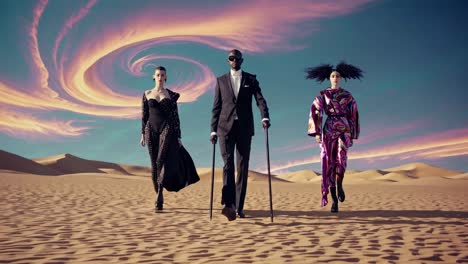 fashion models walking in a desert landscape