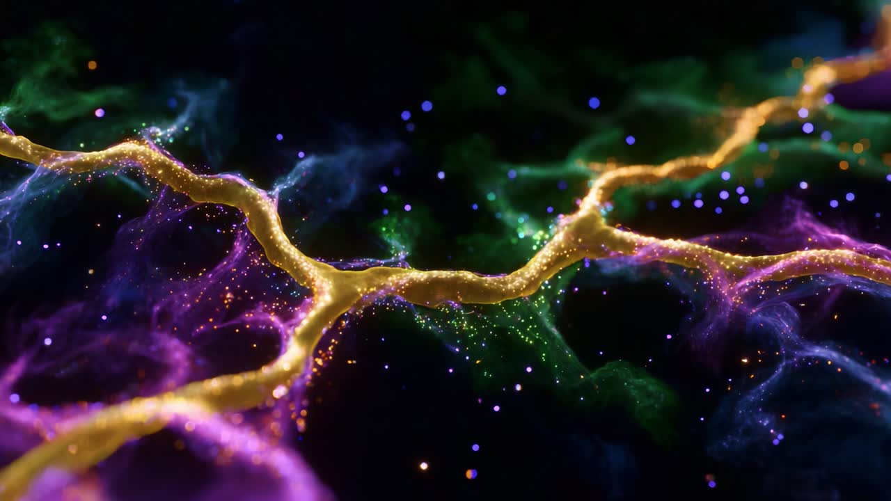 Stunning Abstract Visualization of Cosmic Energy Flow Through Colorful Nebula-like Structures Illuminated with Twinkling Stardust and Glowing Particles