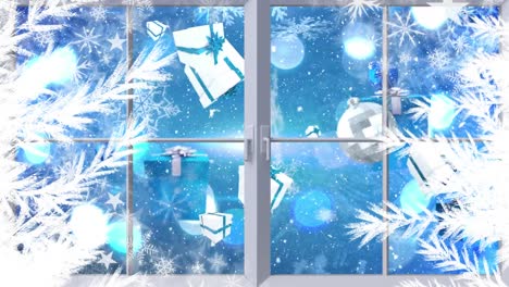 Digitale-Animation-Eines-Fensterrahmens-Vor-Fallenden-Weihnachtskugeln-Und-Geschenkboxen