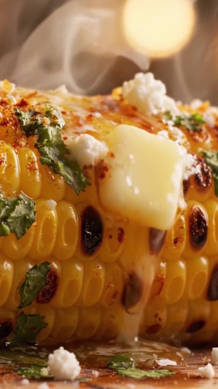 Delizioso mais grigliato sulla pannocchia guarnito con burro, formaggio sbriciolato ed erbe fresche, che mostra una combinazione appetitosa di consistenze e sapori.