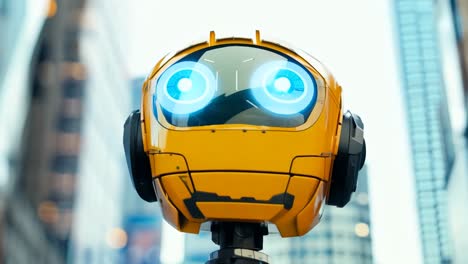 a yellow robot with blue eyes standing in the middle of a city