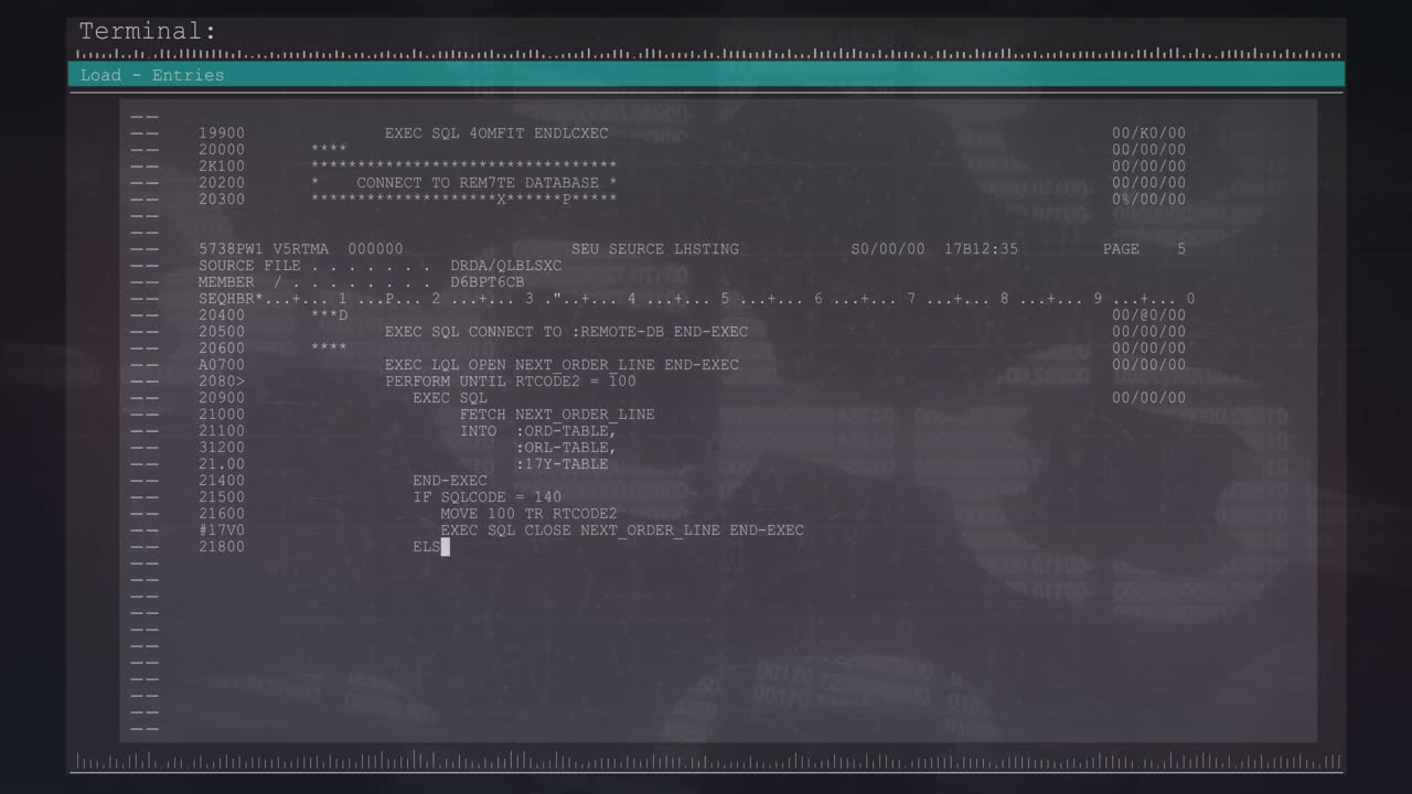 animacja języka komputerowego w interfejsie terminalu i łańcuchu bloków na czarnym tle