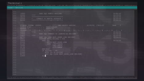 animación del lenguaje informático en la interfaz terminal y la cadena de bloques sobre un fondo negro