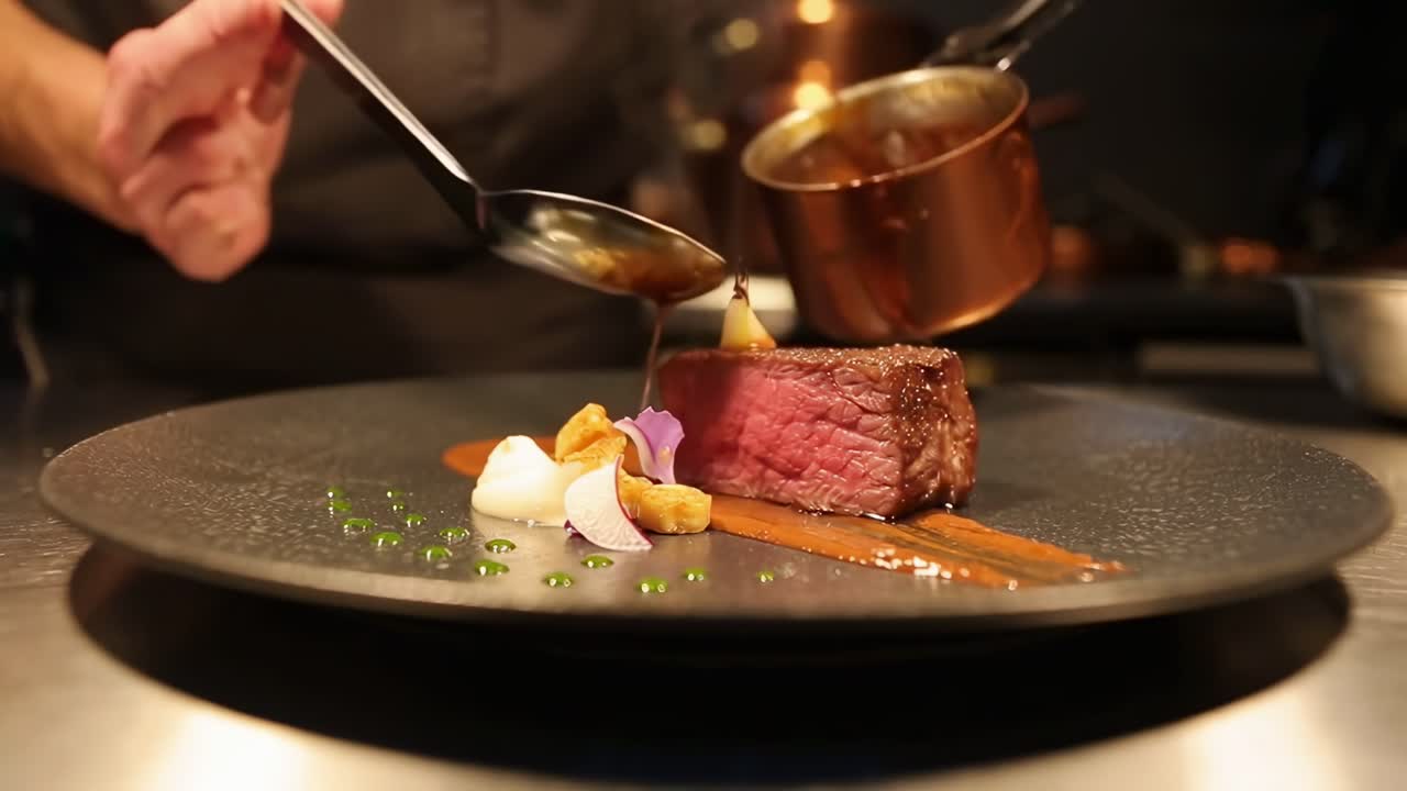 シェフがグルメステーキを盛り付けるクローズアップビデオ、料理の芸術性をサイドからのアングルで表現