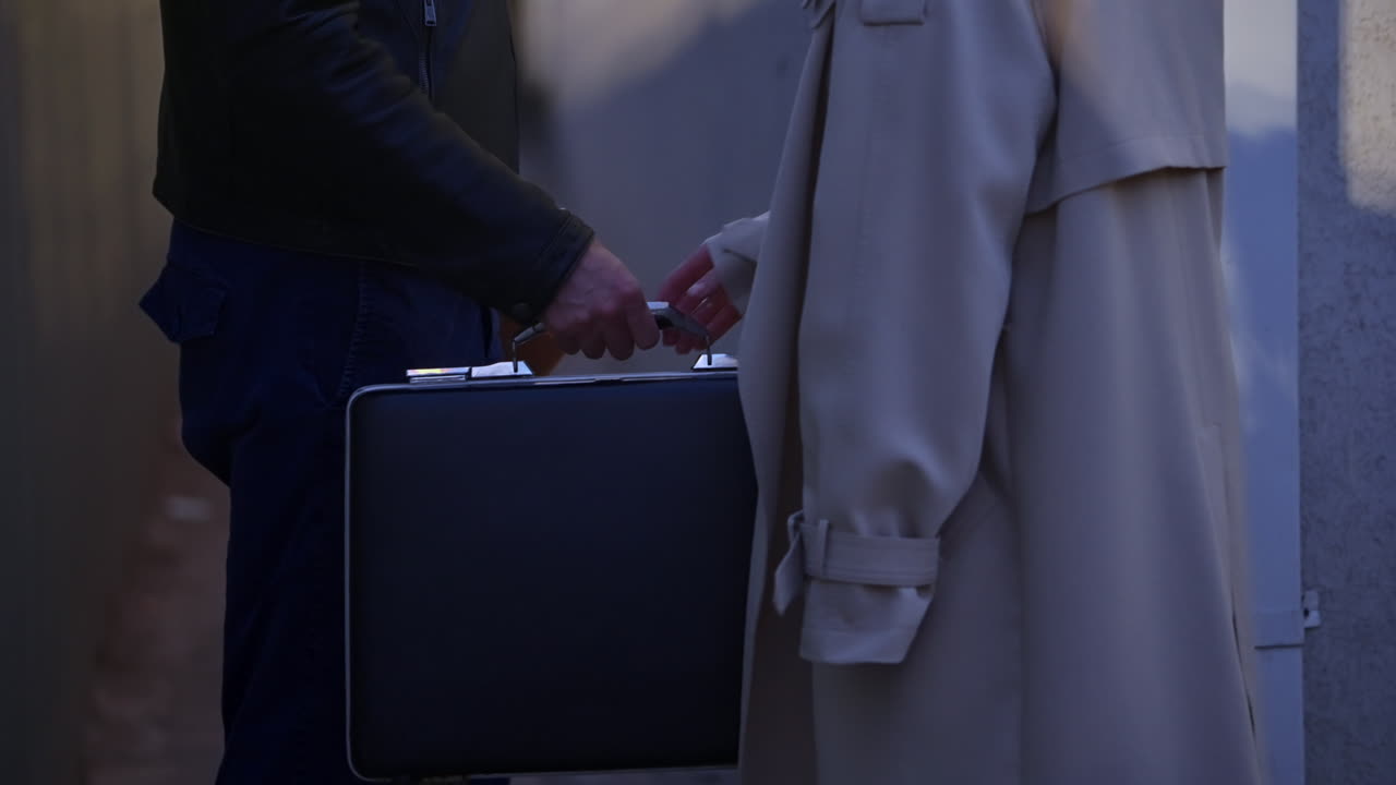 Close up on hands exchanging briefcase and envelope in dark alley street. Night scene with two mysterious business people trading secrets and cash or illegal information. Corruption payment and fraud