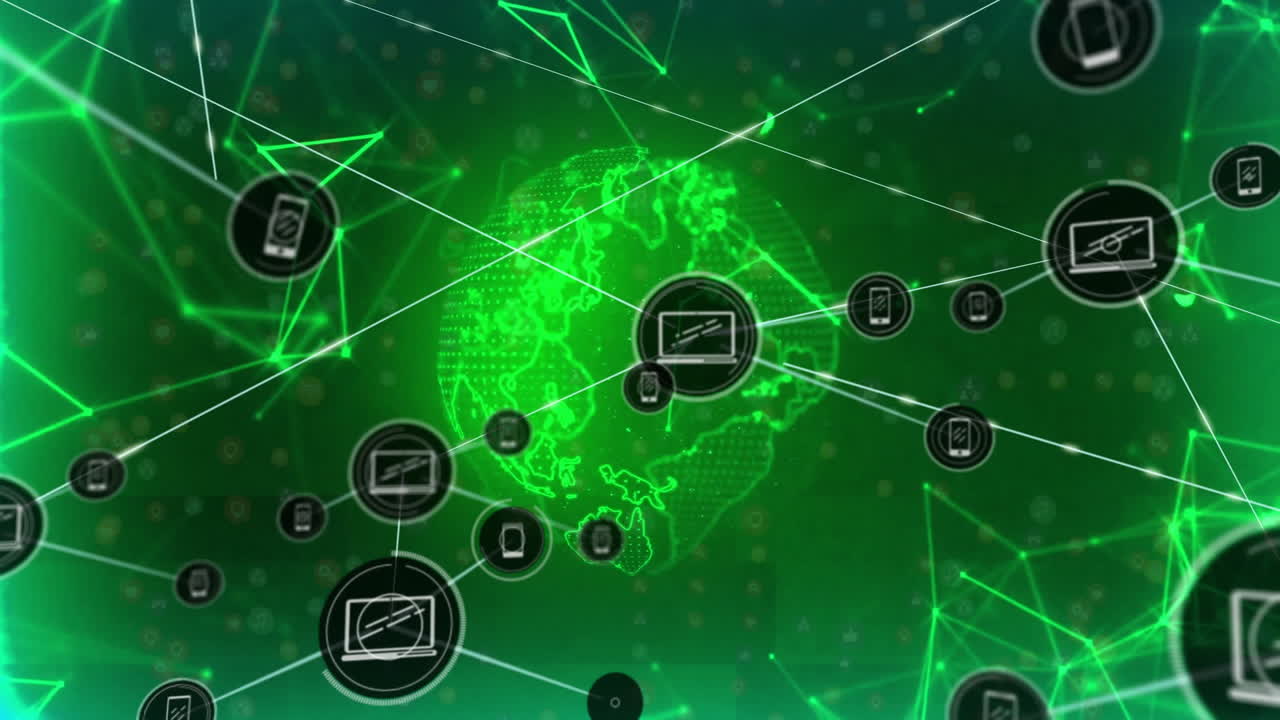 conexiones de red globales y animación de transferencia de datos sobre el mapa mundial digital verde