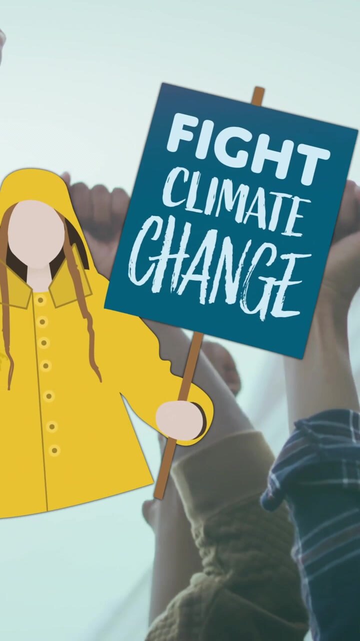 Animation of caucasian girl with fight climate change placard and diverse group raising fists