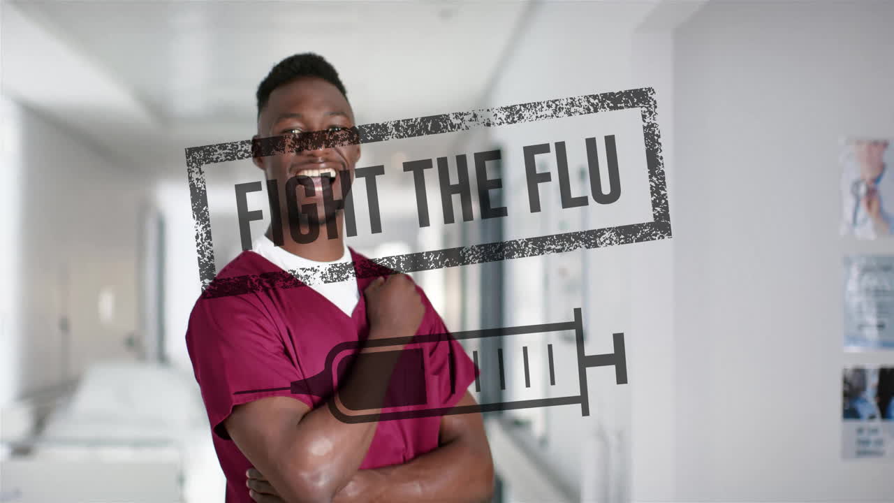 Animation of fight the flu and syringe over african american male doctor in hospital