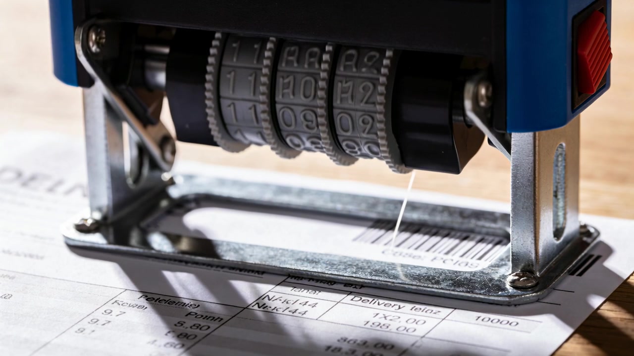 Cycling numbering stamp rotating wheels at desk, red slider engaging, aligning barcode for invoices
