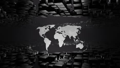 digital world map surrounded by floating black 3d cubes in virtual space. futuristic abstract illustration. global data network and technology concept, poster, header