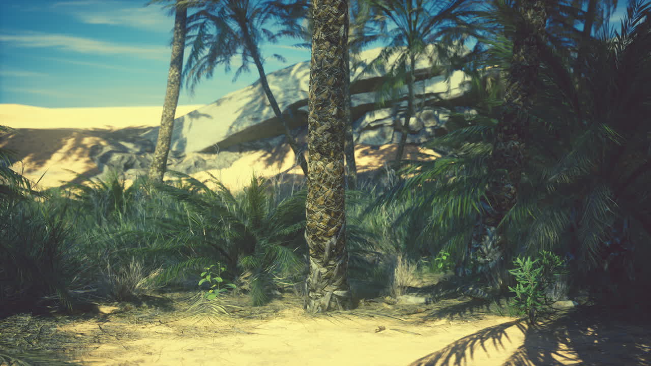 oasis de palmeras tropicales en el desierto
