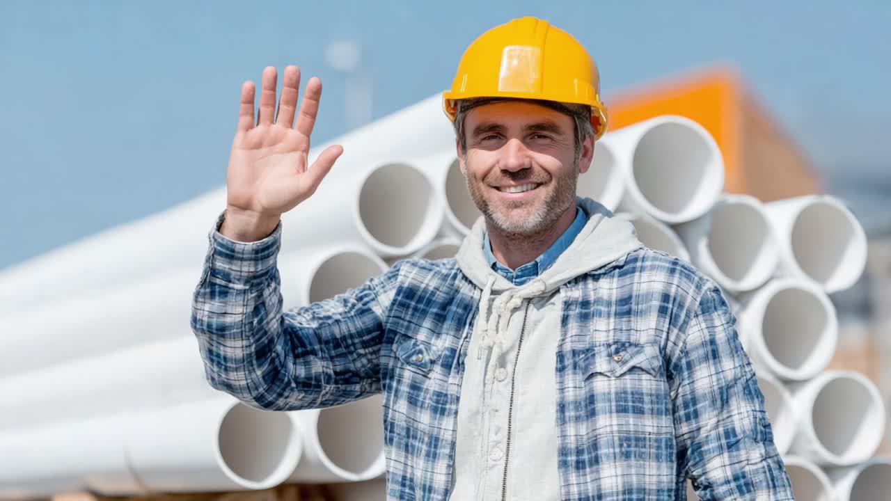 A construction worker in a hard hat waves cheerfully, showcasing safety and camaraderie on the job site amidst a backdrop of stacked pipes