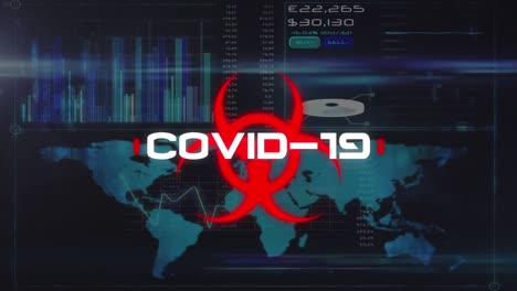 animation of covid 19 warning text over data processing and world map