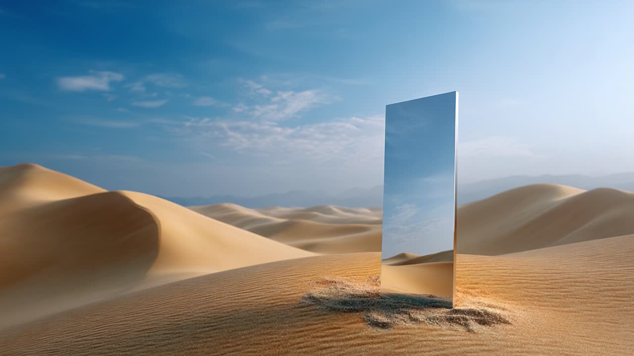 Un riflesso accattivante in un paesaggio desertico con uno specchio di vetro che si erge con grazia tra le dune di sabbia ondulate sotto un cielo azzurro brillante con nuvole.