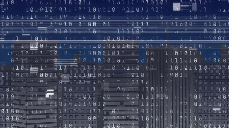 Animation of data processing over cityscape