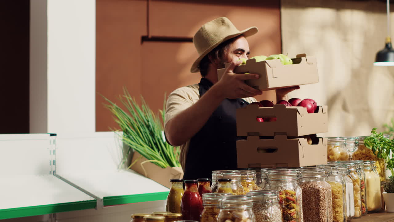 주인은 가게에 신선한 채소를 가져옵니다.