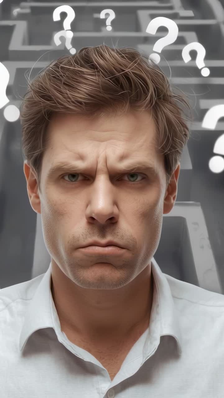 Vertical video: Drifting white question marks surrounding puzzled man against gray maze backdrop