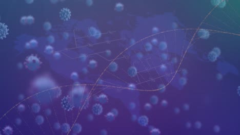 animación de células de virus sobre el adn sobre fondo azul