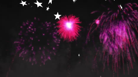 bursting pink fireworks with white stars scattered in night sky animation