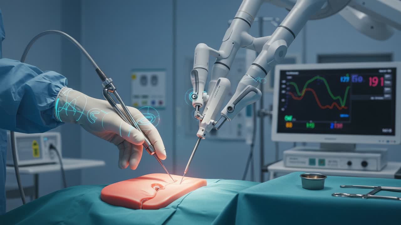 In a state-of-the-art surgical room, a surgeon utilizes advanced robotic technology to perform a precise operation with intricate instruments, ensuring patient safety and optimal outcomes